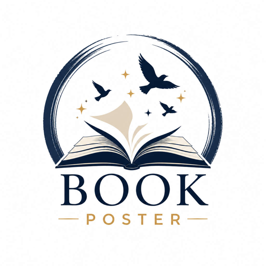 Book poster logo with an open book, flying birds, and stars