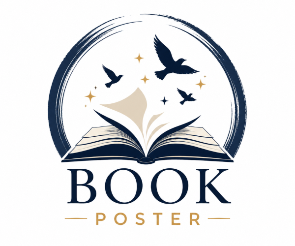 Book poster logo with an open book, flying birds, and stars
